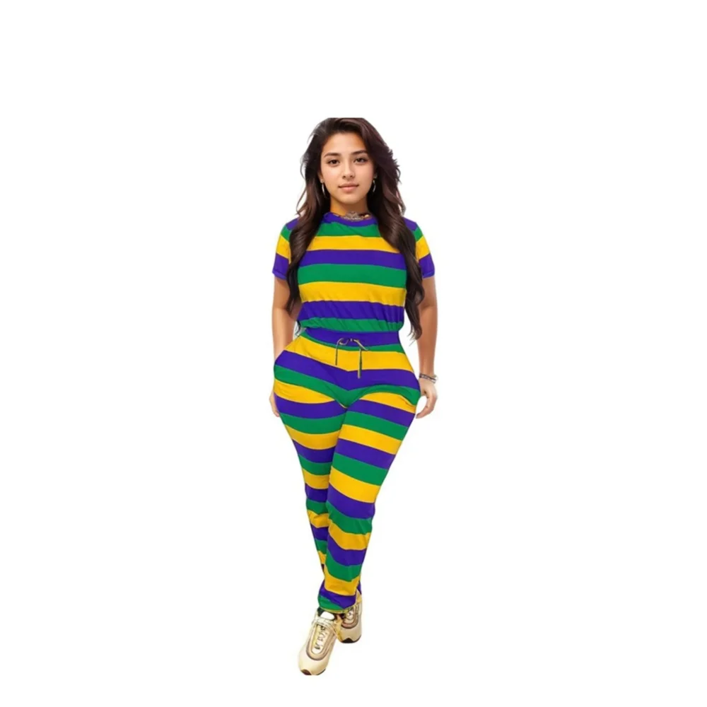 Mardi Gras Purple, Green and Gold Striped 2pc Set - Picture 2 of 5